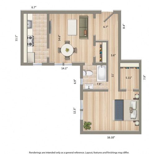 1 bedroom floor plan rendering at chatham courts apartments in washington dc